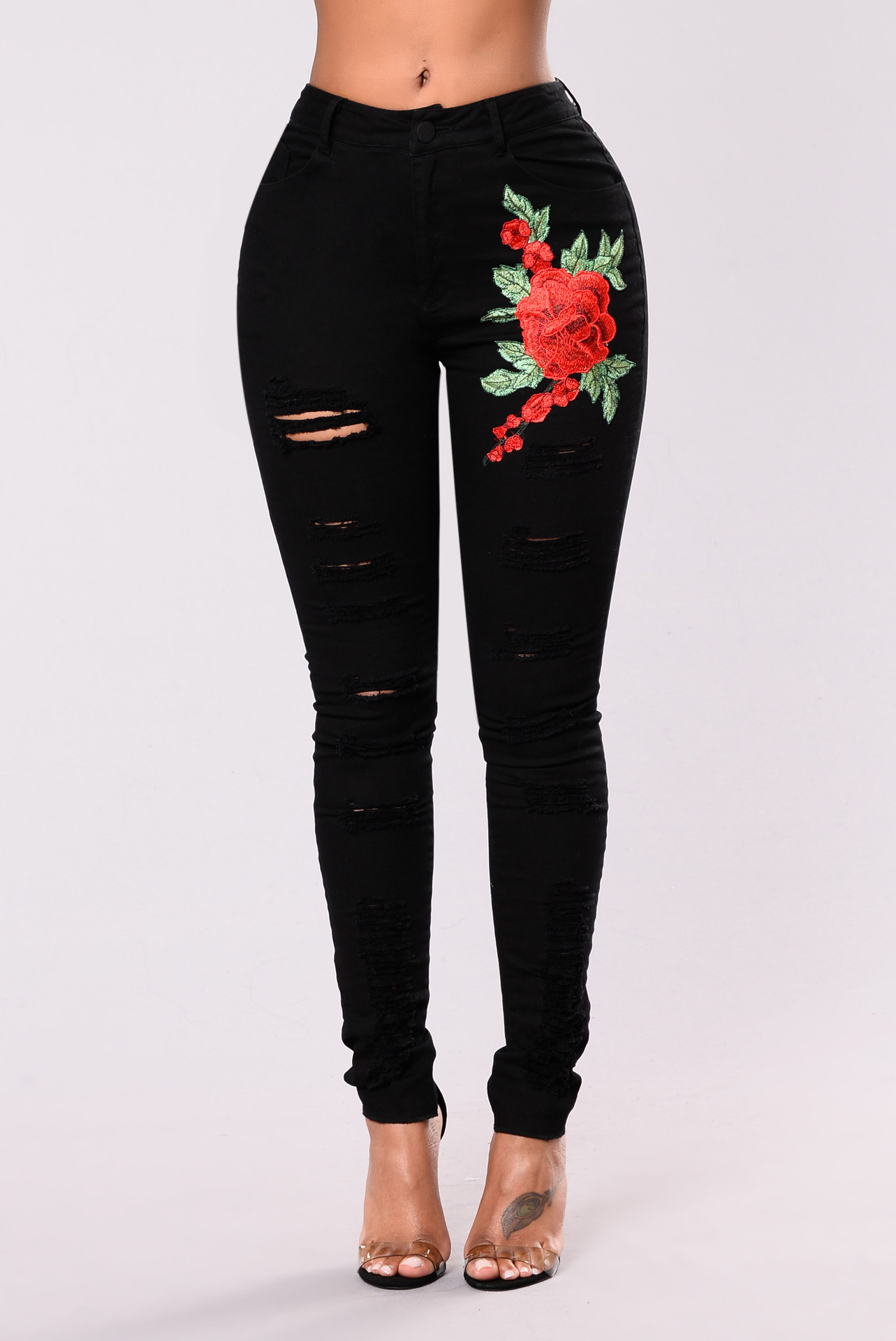 SZ60119 Women Rose Embroidered Denim High Waist Ripped Skinny Jeans